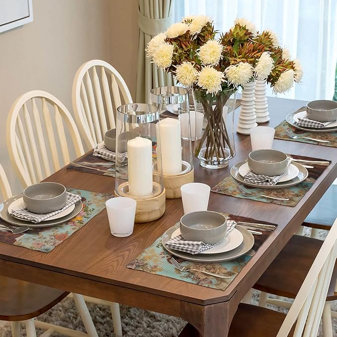 Farmhouse Cow Placemats Set of 6 Washable Table Mats Spring Cow Floral Heat-Resistant Cotton Linen Place Mats for Dining Table Kitchen Indoor Outdoor Party Holiday Decor