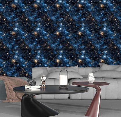 Blue Starry Peel and Stick Removable Black Sky Contact Paper 17.5in x393.7in, Gold Star Modern Wallpaper Mural Waterproof Self Adhesive for Wall Bedroom Bathroom Kitchen Cabinet Room Decor