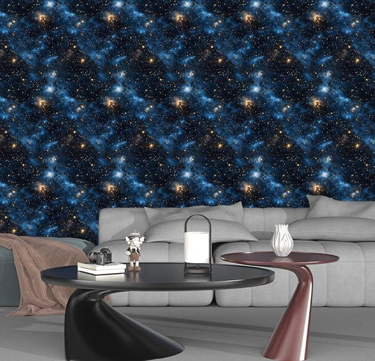 Blue Starry Peel and Stick Removable Black Sky Contact Paper 17.5in x393.7in, Gold Star Modern Wallpaper Mural Waterproof Self Adhesive for Wall Bedroom Bathroom Kitchen Cabinet Room Decor