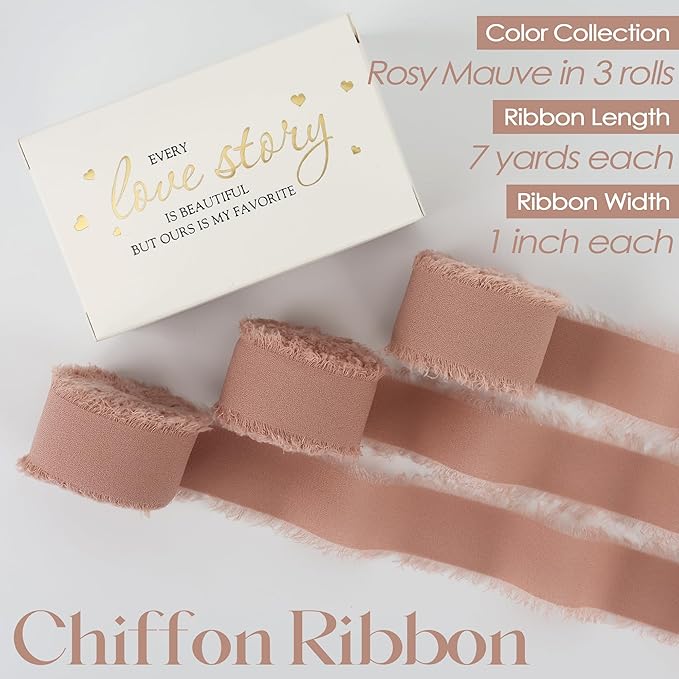 MEEDEE Rosy Mauve Chiffon Ribbon 1 Inch Fringe Ribbons Pink Chiffon Silk Frayed Edge Ribbon Thin Chiffon Ribbons for Crafts, Gift Wrapping, Wedding Invitation (3 Rolls 21 Yards)
