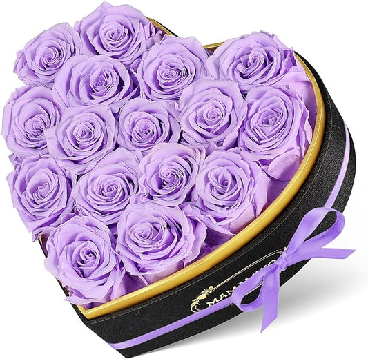 16 Preserved Roses in Heart Shape Gift Box for Her - Forever Flowers for Delivery, Eternal Rose Mothers Gifts for Mom, Wife Anniversary Birthday Gifts for Women, Purple
