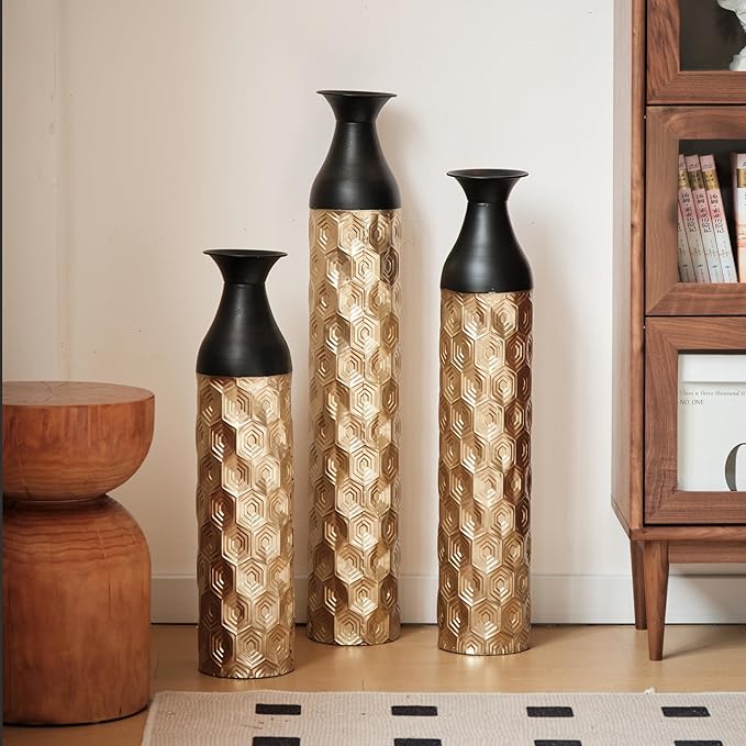 Floor Oversized Gold Metal Decorative Vase with 3D Triangle Pattern Set of 3 Large Vases for Home Living Room 33.5 ", 29.5 ", 25.2" High (Black+Gold)