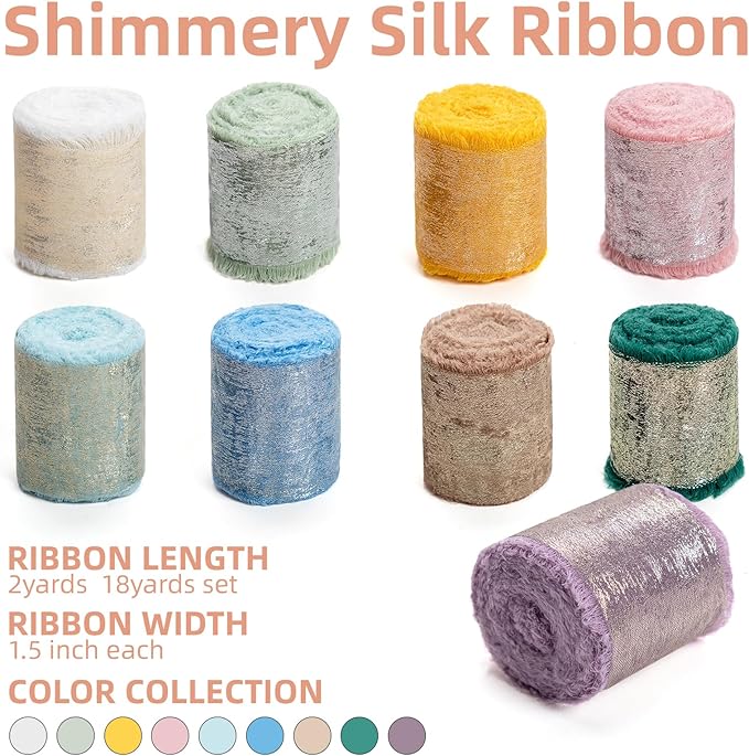 Multicolour Silk Chiffon Ribbon,Frayed Shimmery Silk Ribbon for Bridal Flower Bouquet Christmas Gift Wrapping Wedding Decor Invitations Decorations 1.5" x 18 Yards (2Yards X 9 Rolls)