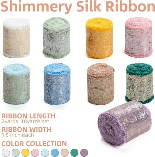 Multicolour Silk Chiffon Ribbon,Frayed Shimmery Silk Ribbon for Bridal Flower Bouquet Christmas Gift Wrapping Wedding Decor Invitations Decorations 1.5" x 18 Yards (2Yards X 9 Rolls)