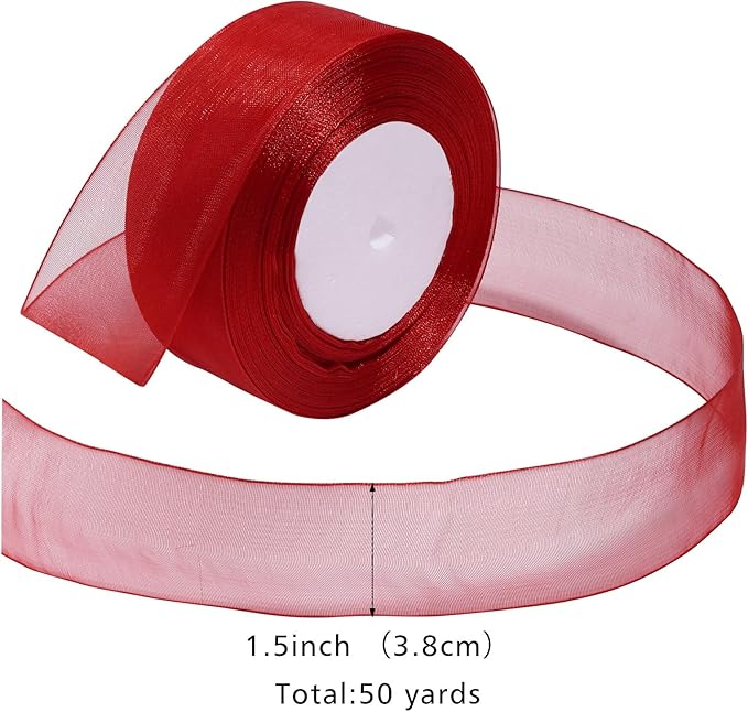 Red Ribbon for Gift Wrapping 1-1/2 inch Sheer Organza Ribbon for Flower Bouquet Tulle Chiffon Ribbons for Wedding Invitations Christmas Decorations Crafts 50 Yards
