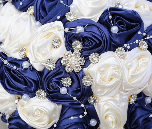 Bridal Wedding Bouquet Round Bling Brooch Bouquet Throw Toss Artificial Rose Flower Bunch for Bride Bridesmaid Wedding Quinceanera(Navy Blue & Ivory, 8.7")