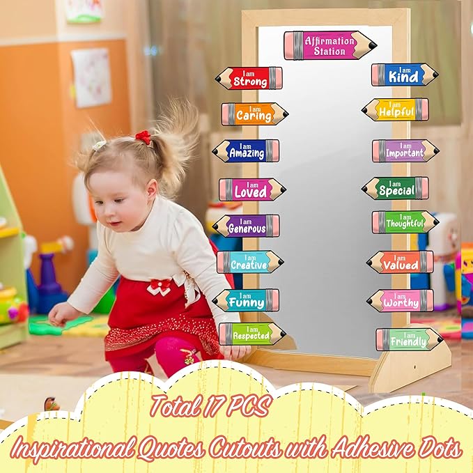 Watercolor Inspirational Mirror Decals Pencil Cutouts Stickers for Bulletin Board Set Kids Motivational Stickers for Galss Window Positive Affirmation Wall Decal for Playroom Nursery Teacher Supplies