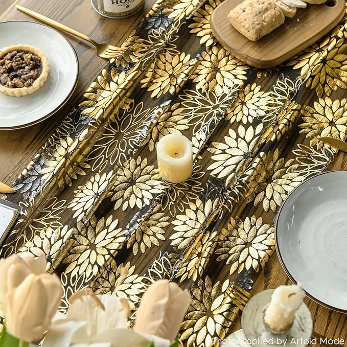 Artoid Mode 3PCS Black Gold Dahlia Flower Gauze Table Runner 120 Inch 10FT, Glitter Metallic Foil Seasonal Sheer Dining Holiday Table Decor for Home Party