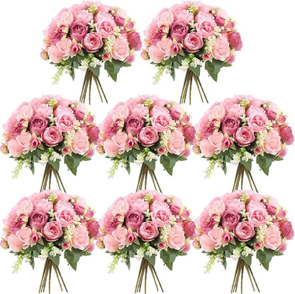 Geosar 8 Bundles Artificial Peonies Flowers Fake Silk Peony Bouquet Faux Peonies Flowers Bulk for Decoration Vase Floral Arrangements Wedding Party Table (Russet Red,Light Pink)