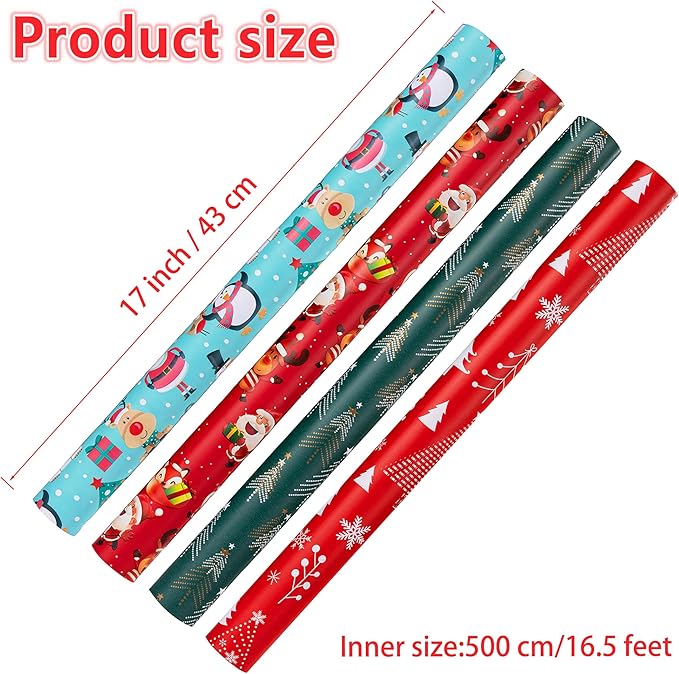Christmas Wrapping Paper (4 Rolls, 93 sq. ft. ttl): Funny Snowmen, Snowflakes, Reindeer, Bear, Christmas Trees and Santa Claus with Gifts Design for Holiday Gift Wrap- 17 Inches x 16.5 Feet Per Roll