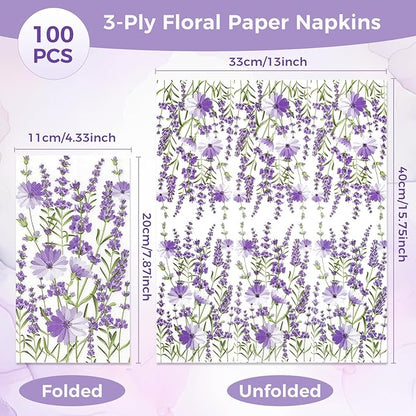 Homlouue Purple Lavender Floral Napkins, 100PCS 3 Ply Guest Towels Disposable Bathroom, Floral Paper Napkins Disposable, Flower Paper Napkins Decorative for Spring Summer Fall Party Decorations