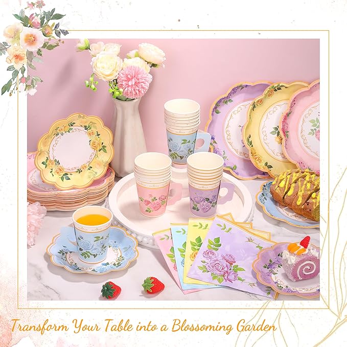 96 Piece Floral Paper Tea Cups and Saucers 9 Oz Teacup with Handle 9 Inch and 7 Inch Paper Plate Napkin Disposable Tea Party Supplies Serve 24 for Wedding Birthday, Pink, Blue, Yellow, Purple