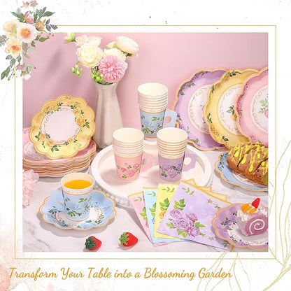 96 Piece Floral Paper Tea Cups and Saucers 9 Oz Teacup with Handle 9 Inch and 7 Inch Paper Plate Napkin Disposable Tea Party Supplies Serve 24 for Wedding Birthday, Pink, Blue, Yellow, Purple