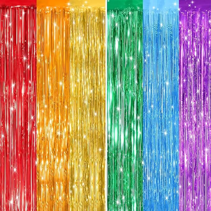 Keyali 2 Pack 3.3 * 8.3 ft Foil Curtain Metallic Tinsel Fringe Curtains Photo Booth Props Backdrop for Birthday Wedding Engagement Baby Shower Christmas Holiday Celebration Party，Rainbow