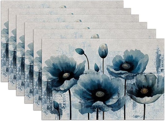 Blue Poppy Flower Placemats Set of 6, Linen Place Mat Washable Stain Resistant Table Mats for Farmhouse Kitchen Dining Holiday Party Wedding Decor 12x18 Inch