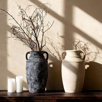 Beige Ceramic Vase with Handles, 10.5 Inch Boho Modern Aesthetic Textured Table Vases for Anthropologie Home Decor Centerpieces (Cream Beige White)