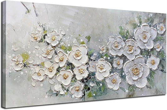Brushart White Flower Wall Art Textured Floral Canvas Art Wall Decor Living Room Large Picture Wall Art Paintings Artwork for Walls Bedroom Home Office, 58"x29"