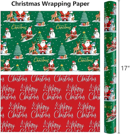 MAYPLUSS Christmas Wrapping Paper Roll - 17IN X 33FT - Green Santa Gift Wrapping Paper Featuring Christmas Tree Santa Claus Snowman Reindeer Reversible Red for Kids, Holiday, New Year