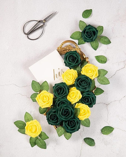 DuHouse 50Pcs Artificial Roses Flowers Fake Roses with Stems Real Touch Foam Flowers for DIY Wedding Bouquet Baby Shower Centerpiece Floral Arrangement Party Home Decor(Hunt Green)