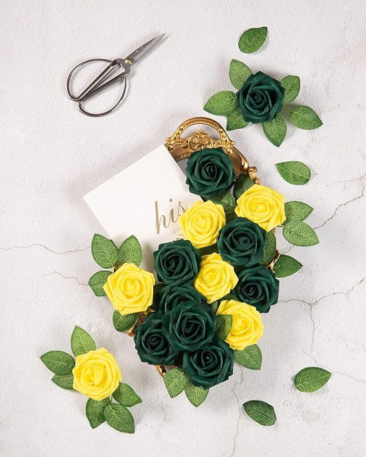 DuHouse 50Pcs Artificial Roses Flowers Fake Roses with Stems Real Touch Foam Flowers for DIY Wedding Bouquet Baby Shower Centerpiece Floral Arrangement Party Home Decor(Hunt Green)