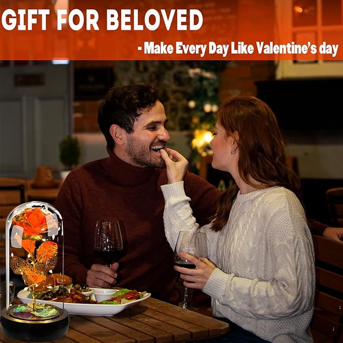 Birthday Rose Flower Gifts for Women, Glass Flower Gift for Mom from Daughter Son, Colorful Orange Light Up Rose in Glass Dome with Music Box for Her Wife Grandma