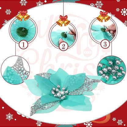 Boao 24 Pieces Christmas Artificial Glitter Poinsettia Flowers Xmas Flowers Wedding Christmas Tree New Year Ornaments(Blue Green)