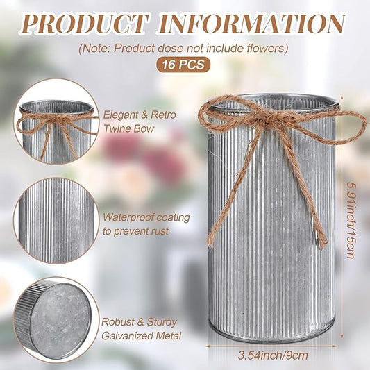Domensi 5.91 in High Farmhouse Vase Decor Galvanized Metal Flower Vase with Twine Bow Vintage Rustic Tin Flower Buckets for Artificial Floral Table Container DIY(Iron Color,16 Pcs)