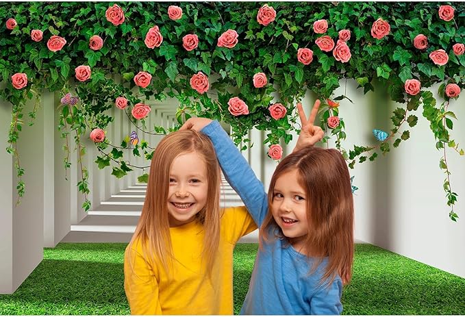 Rose Flowers Backdrop Red Rose Flowers and Green Leaves with Butterflies Photography Background Spring Alley Green Grass Backdrops Outdoor Wedding Party Decorations Photo Studio Props 15x8ft