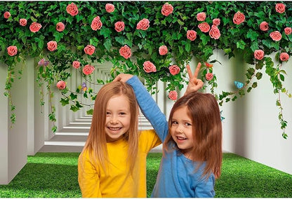 Rose Flowers Backdrop Red Rose Flowers and Green Leaves with Butterflies Photography Background Spring Alley Green Grass Backdrops Outdoor Wedding Party Decorations Photo Studio Props 15x8ft