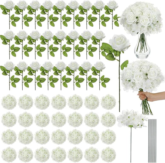 Havawish 60 Pcs Artificial Roses Fake Hydrangea Flowers with Stems, 30 Artificial Hydrangea 30 Fake Roses, Bridal Bouquet Realistic Faux White Flower Bulk for Wedding Garden Decorations