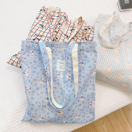 Cotton Canvas Tote Bag Reusable Soft Grocery Cloth Bag Floral Shoulder Bag for Beach Travel Shopping
