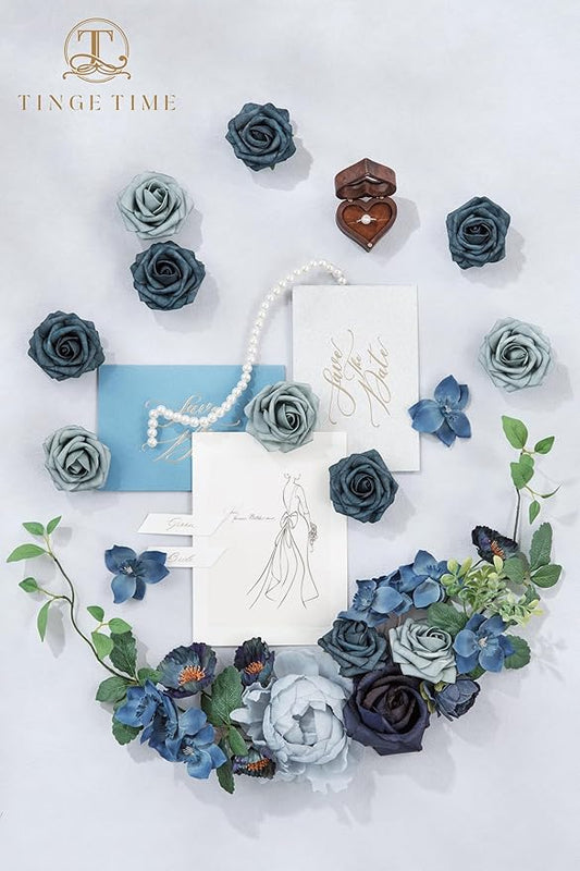 TINGE TIME Artificial Flowers Navy Blue Flower Combo for DIY Wedding Bouquets Table Centerpieces Arrangements Party Baby Shower Home Decorations