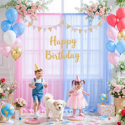 Pink and Blue Backdrop Curtain for Gender Reveal Girl and Boy Party Sheer Tulle Backdrop Drapes for Baby Shower Birthday Party Photoshoot Background Decorations 2 Panels 5ft X 8 ft