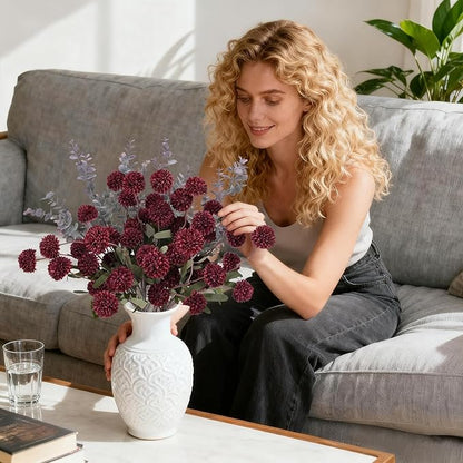 Burgundy Pompon Mum Artificial Flowers with Eucalyptus – 10 Bundles Fake Silk Flowers for Vase , 21’’ Long Stems for Christmas Table Centerpieces, Winter Floral Arrangements & Rustic Home Décor