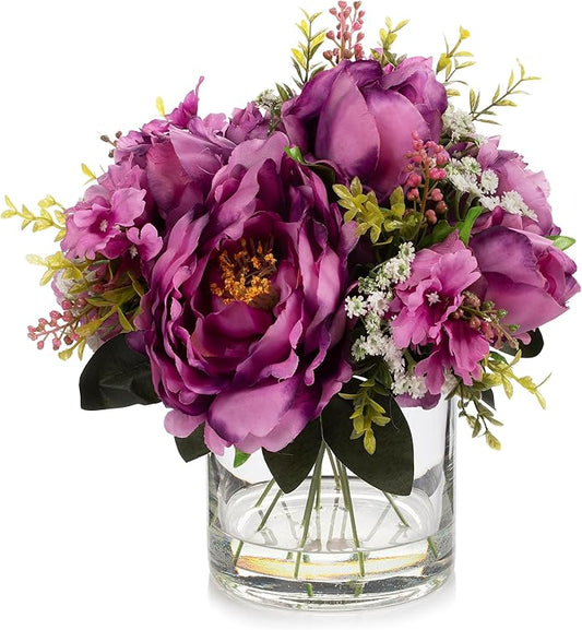 ENOVA FLORAL Artificial Silk Flower Arrangement with Vase,Mixed Artificial Silk Peony Flower in Vase for Decoration Home Office, Wedding Centerpiece (Purple)