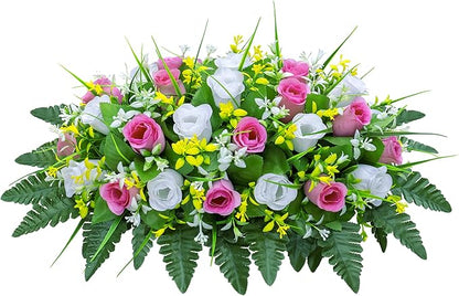 Artificial Cemetery Flowers Saddle-Shaped Tombstone Decorations Non-Fading UV-Resistant（Pink+White Saddle ）
