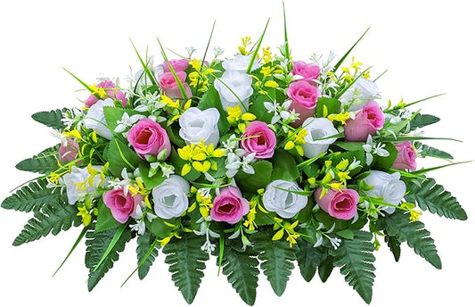 Artificial Cemetery Flowers Saddle-Shaped Tombstone Decorations Non-Fading UV-Resistant（Pink+White Saddle ）