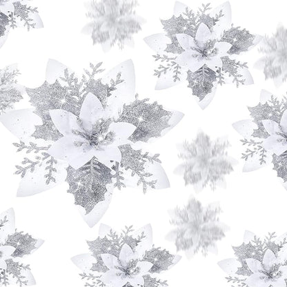 24 Christmas Glitter Artificial Poinsettia Flowers Xmas Poinsettia Artificial Wedding Flowers Decorations Xmas Tree Ornaments with Clips for Party Favors, 6 Inch, 4 Inch, 3 Inch (Silver and White)