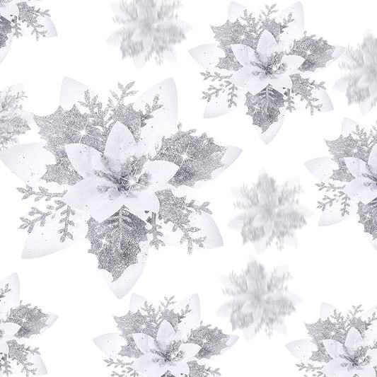 24 Christmas Glitter Artificial Poinsettia Flowers Xmas Poinsettia Artificial Wedding Flowers Decorations Xmas Tree Ornaments with Clips for Party Favors, 6 Inch, 4 Inch, 3 Inch (Silver and White)