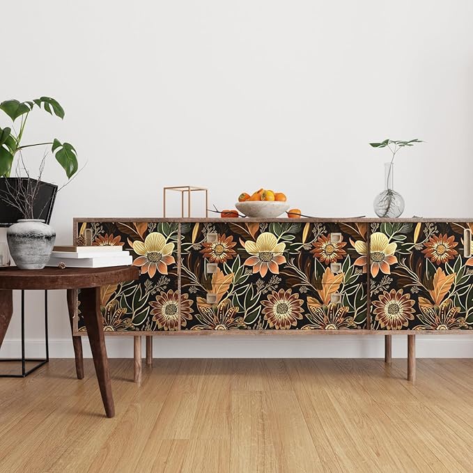 Boho Wallpaper Peel and Stick Dark Floral Wallpaper for Cabinet Vintage Contact Paper Waterproof Self Adhesive Removable Modern Wall Paper for Bedroom Stair Bathroom 17.5in x393in