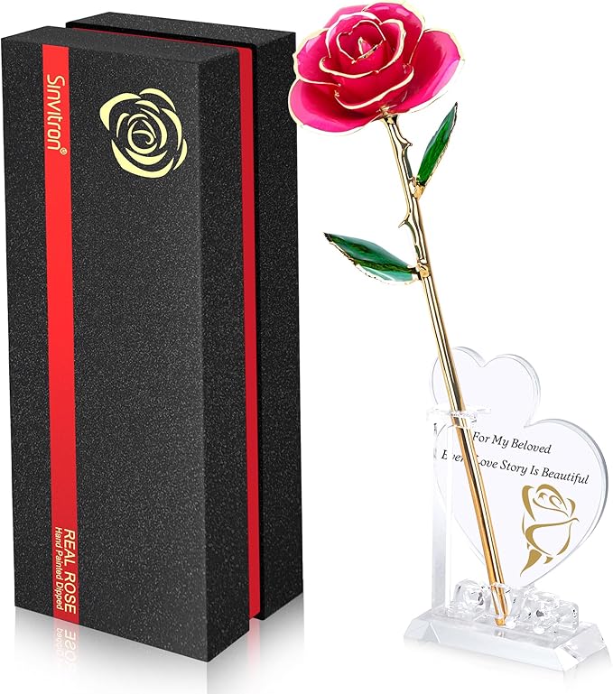 Sinvitron Gold Dipped Infinity Rose Forever Flower Decor, Resin Preserved Real Rose Birthday Gift for Women, Anniversary Present for Mom (Rose Red)