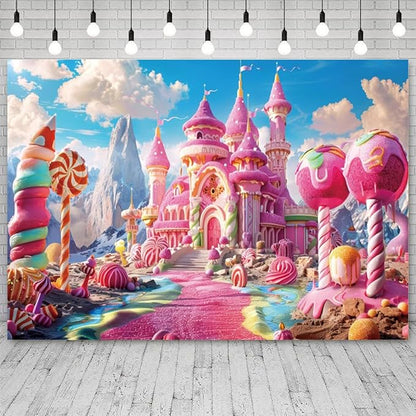 5x4ft Pink Fantasy Castle Backdrop Candy Land Sweet Candy House Photography Background Baby Shower Sweet Girl Princess Birthday Banner Decorations Kids Artistic Portrait Photo Booth Prop