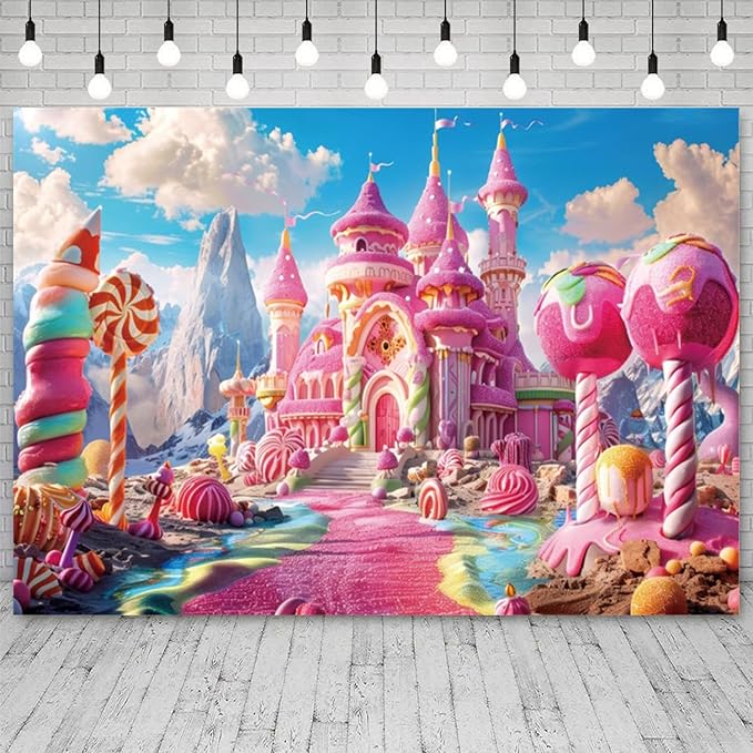 10x6.5ft Pink Fantasy Castle Backdrop Candy Land Sweet Candy House Photography Background Baby Shower Sweet Girl Princess Birthday Banner Decorations Kids Artistic Portrait Photo Booth Prop