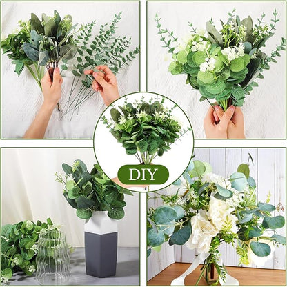 100pcs 4 Kinds Mixed Faux Eucalyptus Stems, Bulk Silver Dollar Artificial Eucalyptus Stems Green Faux Greenery Stems for Wedding Vase Bouquets Floral Arrangements
