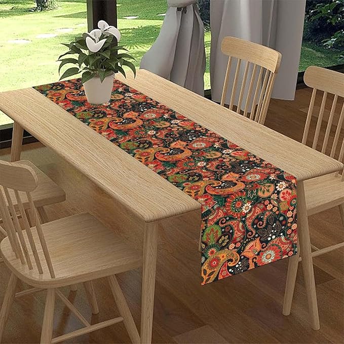 Vintage Paisley Table Runner, Colorful Retro Damask Antique Floral Flower Boho Damask Swirled Print Table Center Decor for Family Kitchen Table Decorations Indoor Outdoor 13x72 inch
