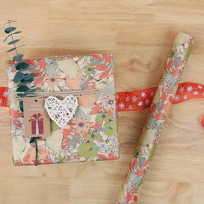 Aimyoo Kraft Floral Wrapping Paper Roll - Mini Roll - 17 Inch x 16.4 Feet - All Occasion Vintage Flower Gift Wrap Paper for Mother's Day Wedding Birthday Bridal Shower