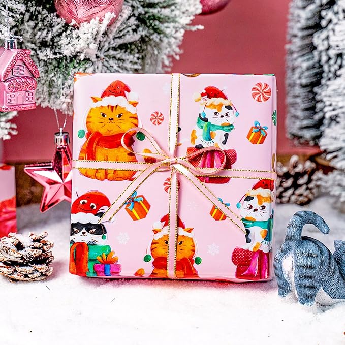 MAYPLUSS Christmas Wrapping Paper Roll - 17 Inch X 33 Feet - Pink Cute Cat Christmas Hat Reversible Polka Dot Gift Wrapping Paper, Thick Wrap Paper for Holiday Party New Year Kids