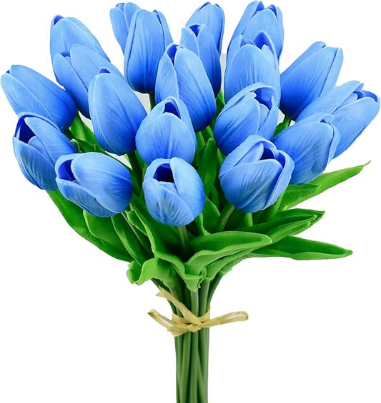 Mandy's Artificial Tulips 20 Stems Light Blue PU Faux Flowers for Thanksgiving and Christmas Decorations Wedding Home Decor 13.5 Inch