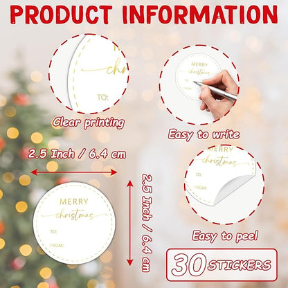 Gold Merry Christmas Gifts Tags Stickers, 30 Pcs Christmas Name Tags for Gifts, 2.5x2.5 Inch Holiday Presents Sticker Labels, Festive Chrismas Name Tag for Gift Wrapping Bags Classroom-D11