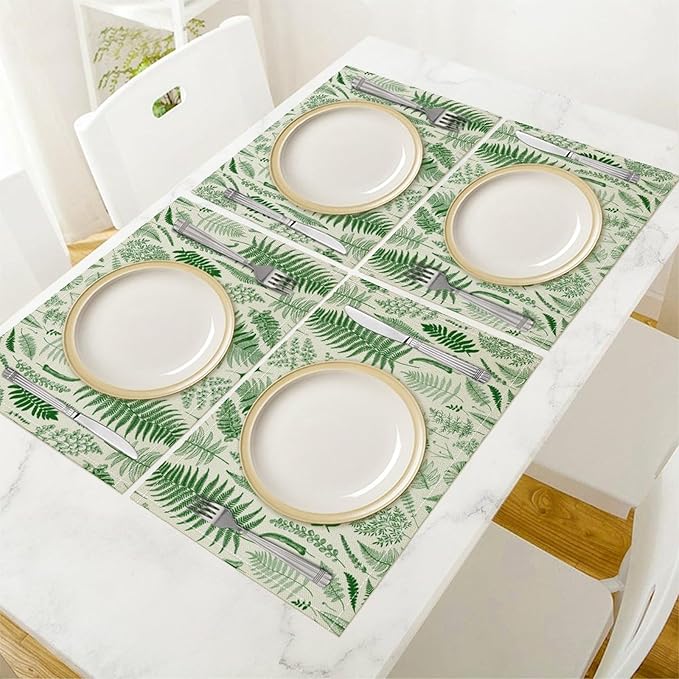 Vintage Leaves Placemats Set of 4, 17x12 Inch Green Boho Abstract Aesthetic Tropical Botanical Leaves Modern Art Printed Table Mats for Home Party Kitchen Dining Decor